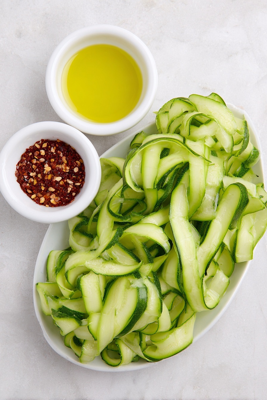 Flat lay of two fresh green zucchinis sliced into thin ribbons, a small white ceramic bowl filled with vibrant red tajín spice powder, a small white ceramic bowl with golden olive oil, placed on a clean white marble surface, soft natural light, photo taken with an iPhone, professional food photography style, fresh ingredients, white ceramic bowls, no bottles, no duplicates, no utensils, no packaging --ar 2:3 --v 7 --p m7354615311229779997
