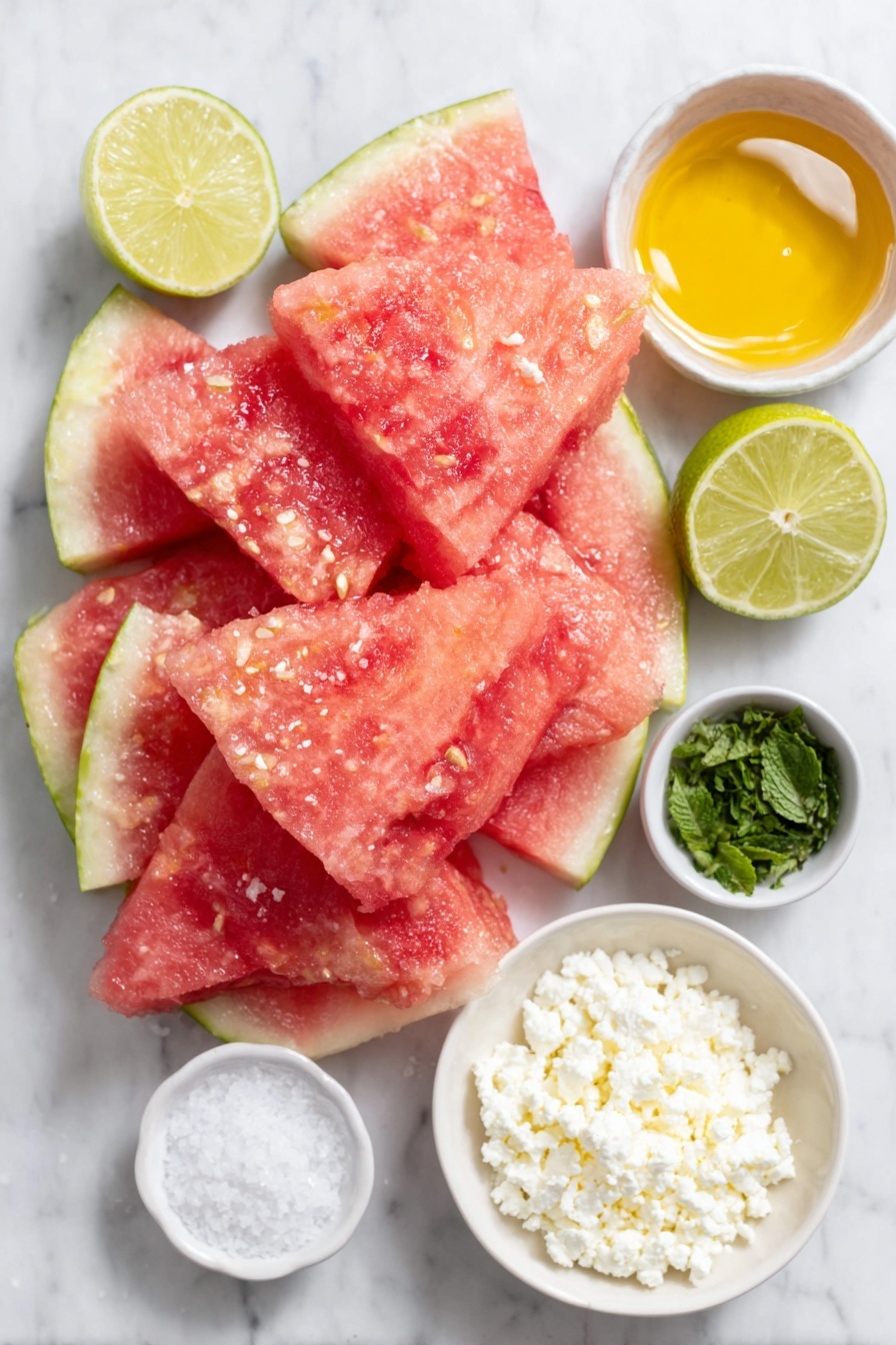 Flat lay of ten fresh bright red watermelon wedges with green rind, a few vibrant green lime wedges, a small white ceramic bowl filled with golden honey, a small white ceramic bowl holding bright green chopped fresh mint leaves, a small white ceramic bowl of white flaky sea salt crystals, a small white ceramic bowl with crumbled white feta cheese, placed on a clean white marble surface, soft natural light, photo taken with an iPhone, professional food photography style, fresh ingredients, white ceramic bowls, no bottles, no duplicates, no utensils, no packaging --ar 2:3 --v 7 --p m7354615311229779997