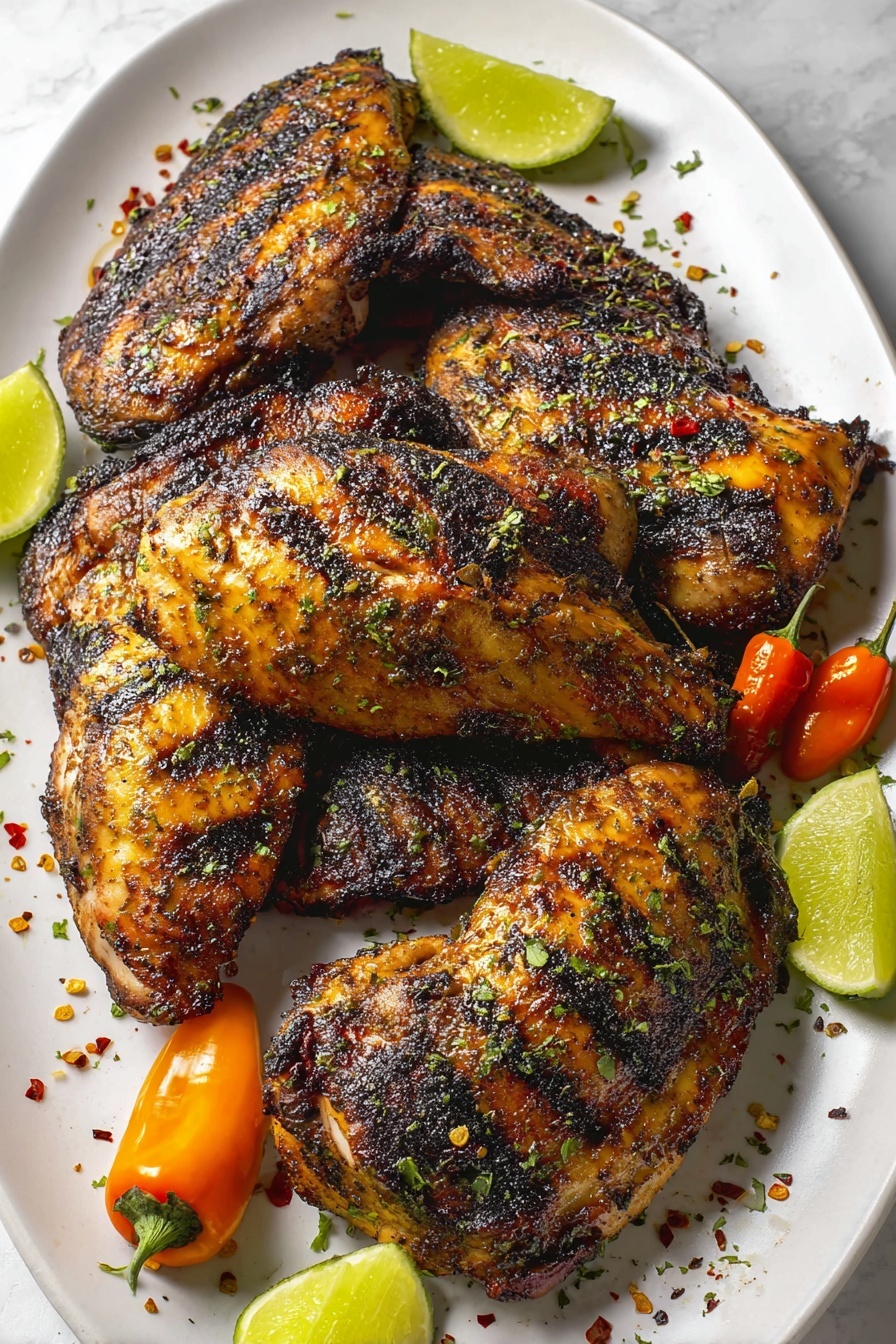 A white oval plate holds six pieces of grilled chicken with deep brown and black char marks, seasoning spread evenly on the skin giving a mix of dark golden and blackened patches with green herb sprinkles on top. The chicken pieces have a slightly rough texture with visible grill lines and are arranged closely, some slightly overlapping. Around the chicken, there are small wedges of lime with a light green outer peel and pale green insides placed on the plate and the white marbled surface around it. Two small bright orange chili peppers sit on the plate adding a pop of color. Tiny red pepper flakes are scattered on the chicken and surface, enhancing the visual texture. Photo taken with an iphone --ar 2:3 --v 7