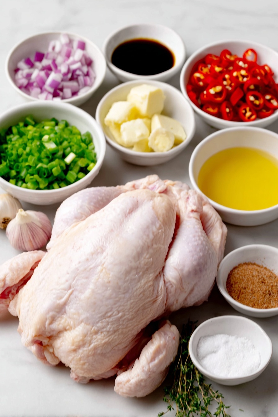 Flat lay of a whole raw chicken cut into pieces with clean skin, a small pile of fresh bright red Scotch Bonnet peppers chopped, a small mound of finely chopped red onion, several peeled garlic cloves, four fresh green scallion stalks with trimmed ends, a small white bowl of dark soy sauce, a small white bowl of clear white vinegar, a small white bowl of golden olive oil, a small white bowl filled with vibrant orange juice, a small white bowl with fresh lime juice, a small heap of freshly grated pale yellow ginger, a small pile of brown sugar, a small white bowl containing ground nutmeg powder, a small white bowl with ground allspice, a small white bowl with ground cinnamon, a few fresh green thyme sprigs, and small white bowls of coarse salt and whole black peppercorns placed symmetrically around the chicken pieces, arrangement balanced and precise, ingredients fresh and natural, all presented on simple white ceramic bowls and dishes, placed on a clean white marble surface, soft natural light, photo taken with an iPhone, professional food photography style, fresh ingredients, white ceramic bowls, no bottles, no duplicates, no utensils, no packaging --ar 2:3 --v 7 --p m7354615311229779997