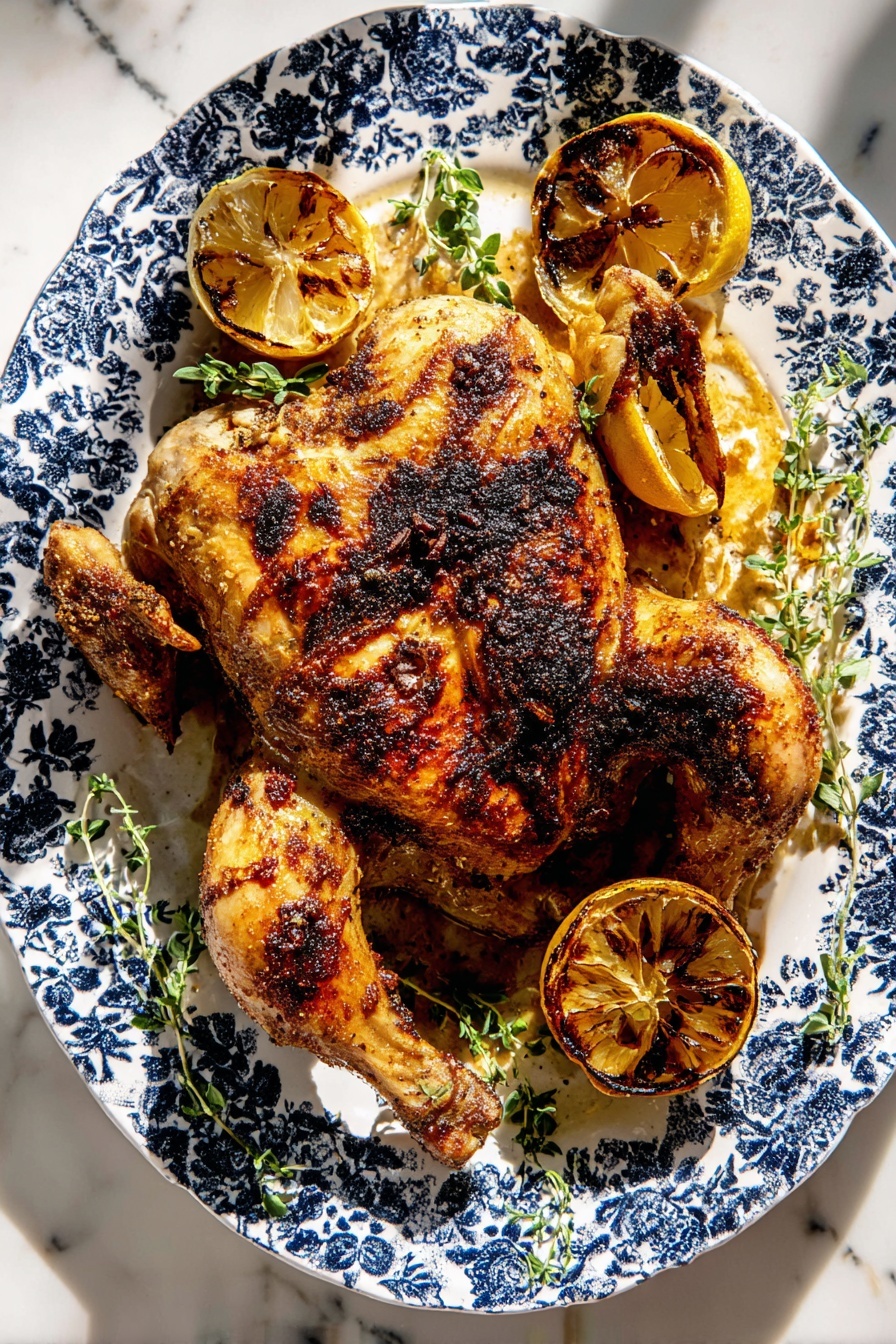 A whole grilled chicken with a golden brown and slightly charred skin lies centered on a white plate with dark blue floral patterns; the chicken is spread out flat showing the legs and wings with textured crispy skin. Around the chicken, there are four halves of grilled lemons with dark grill marks and caramelized surfaces, adding a mix of yellow and brown tones. Small green herb sprigs are scattered around the chicken, creating contrast with their bright green color against the chicken and plate. The background is a white marbled surface illuminated with natural light, highlighting the textures and colors of the dish. Photo taken with an iphone --ar 2:3 --v 7