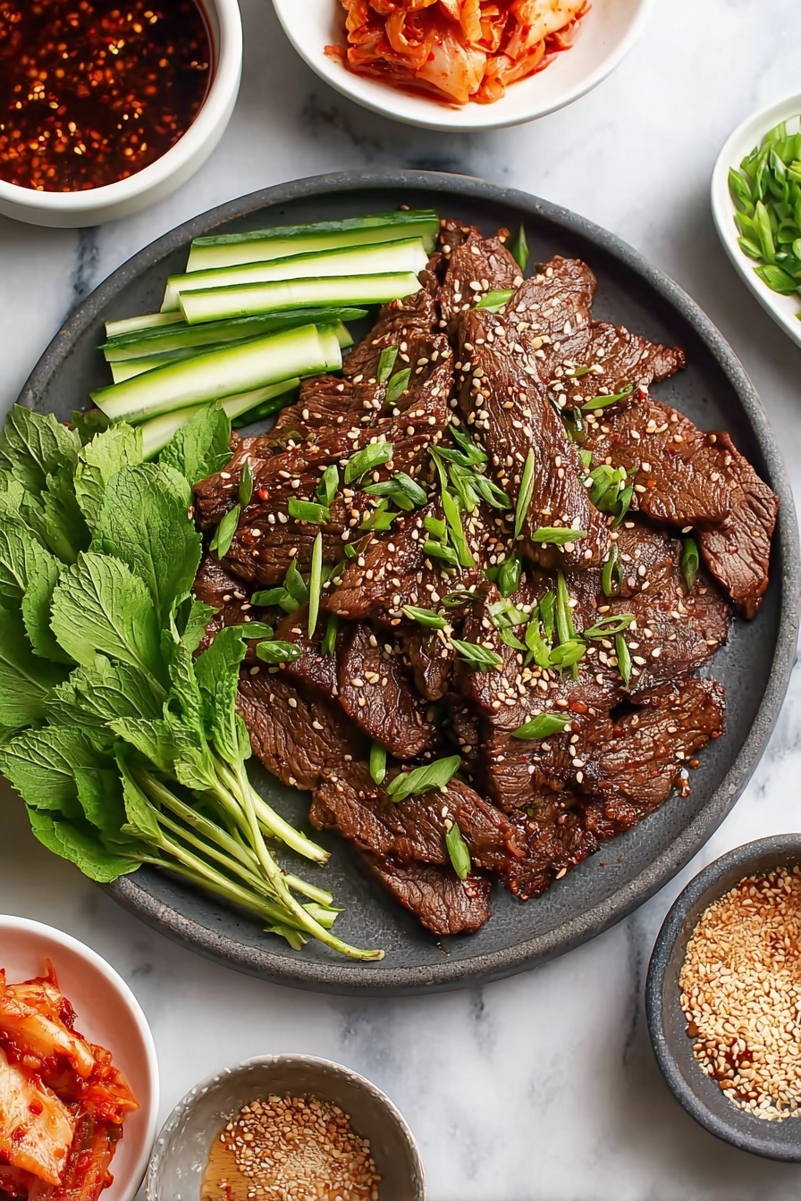 The dish shows a large dark gray round plate filled with multiple pieces of grilled brown beef slices sprinkled with white sesame seeds and chopped green onions. On the left side of the plate are fresh green leafy perilla leaves and long cucumber sticks stacked neatly. Around the plate on a white marbled surface, there are small white bowls containing reddish-orange kimchi, a dark red chili oil sauce with chili flakes, a crushed peanut sauce, and some sesame seeds. Photo taken with an iphone --ar 2:3 --v 7
