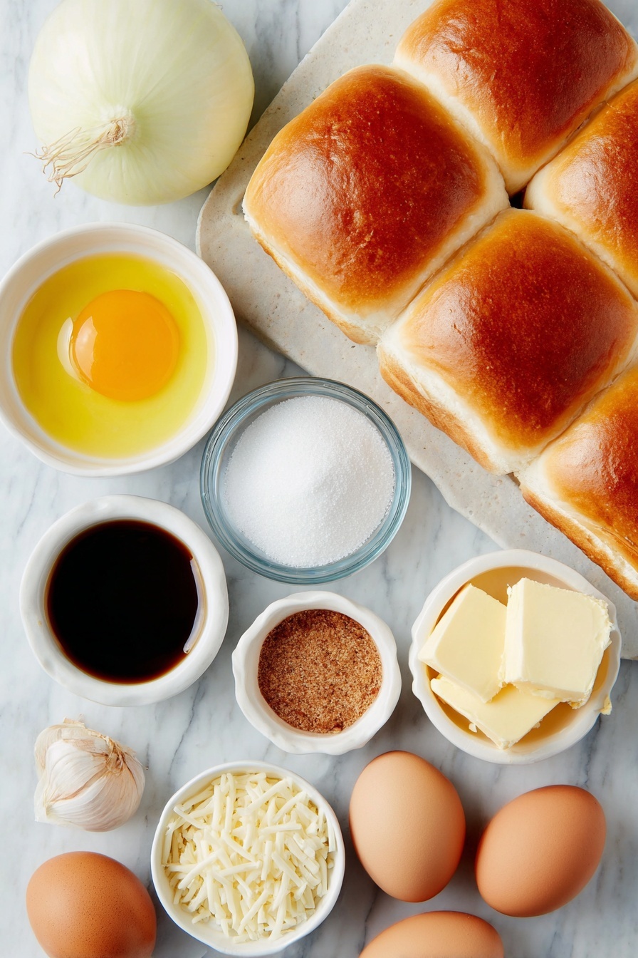 Flat lay of a stack of 3 large yellow onions, thinly sliced; a small white ceramic bowl with a smooth pale yellow egg yolk; a single whole garlic clove, white and firm; a small white ceramic bowl filled with light golden olive oil; a small white ceramic bowl with bright yellow fresh lemon juice; a pat of unsalted butter, pale creamy and rectangular; a small white ceramic bowl of brown sugar; a small white ceramic bowl of coarse kosher salt; a small white ceramic bowl of deep brown beef broth; a small white ceramic bowl of dark Worcestershire sauce; a handful of thinly sliced deli roast beef, deep red with marbled fat; twelve soft, round slider buns with a glossy golden-brown crust sliced in half; twelve smooth, pale provolone cheese slices; a small white ceramic bowl of shredded white mozzarella cheese; a small white ceramic bowl with poppy seeds; a small white ceramic bowl with white sesame seeds; a small white ceramic bowl with dried minced onion; a small white ceramic bowl with garlic powder; a few whole brown eggs with clean shells arranged symmetrically nearby, placed on a clean white marble surface, soft natural light, photo taken with an iPhone, professional food photography style, fresh ingredients, white ceramic bowls, no bottles, no duplicates, no utensils, no packaging --ar 2:3 --v 7 --p m7354615311229779997