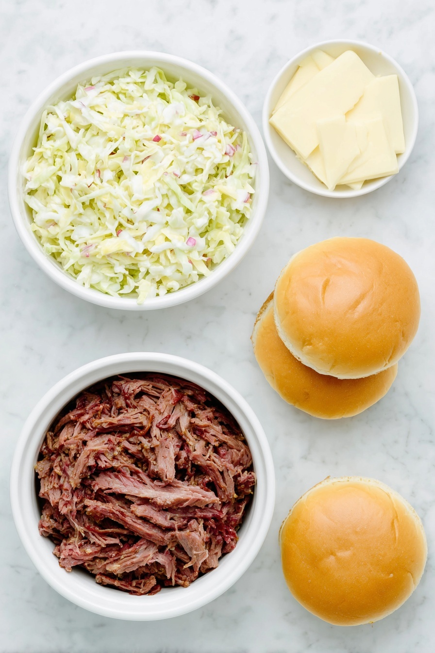 Flat lay of four fresh hamburger buns with soft golden crusts, a generous pile of tender sliced beef brisket with rich brown hues, a small white ceramic bowl filled with glossy reddish barbecue sauce, four slices of creamy pale yellow provolone cheese, and a generous mound of vibrant coleslaw featuring finely shredded white and purple cabbage with bits of orange carrot, all arranged in perfect symmetry on simple white ceramic dishes, placed on a clean white marble surface, soft natural light, photo taken with an iPhone, professional food photography style, fresh ingredients, white ceramic bowls, no bottles, no duplicates, no utensils, no packaging --ar 2:3 --v 7 --p m7354615311229779997