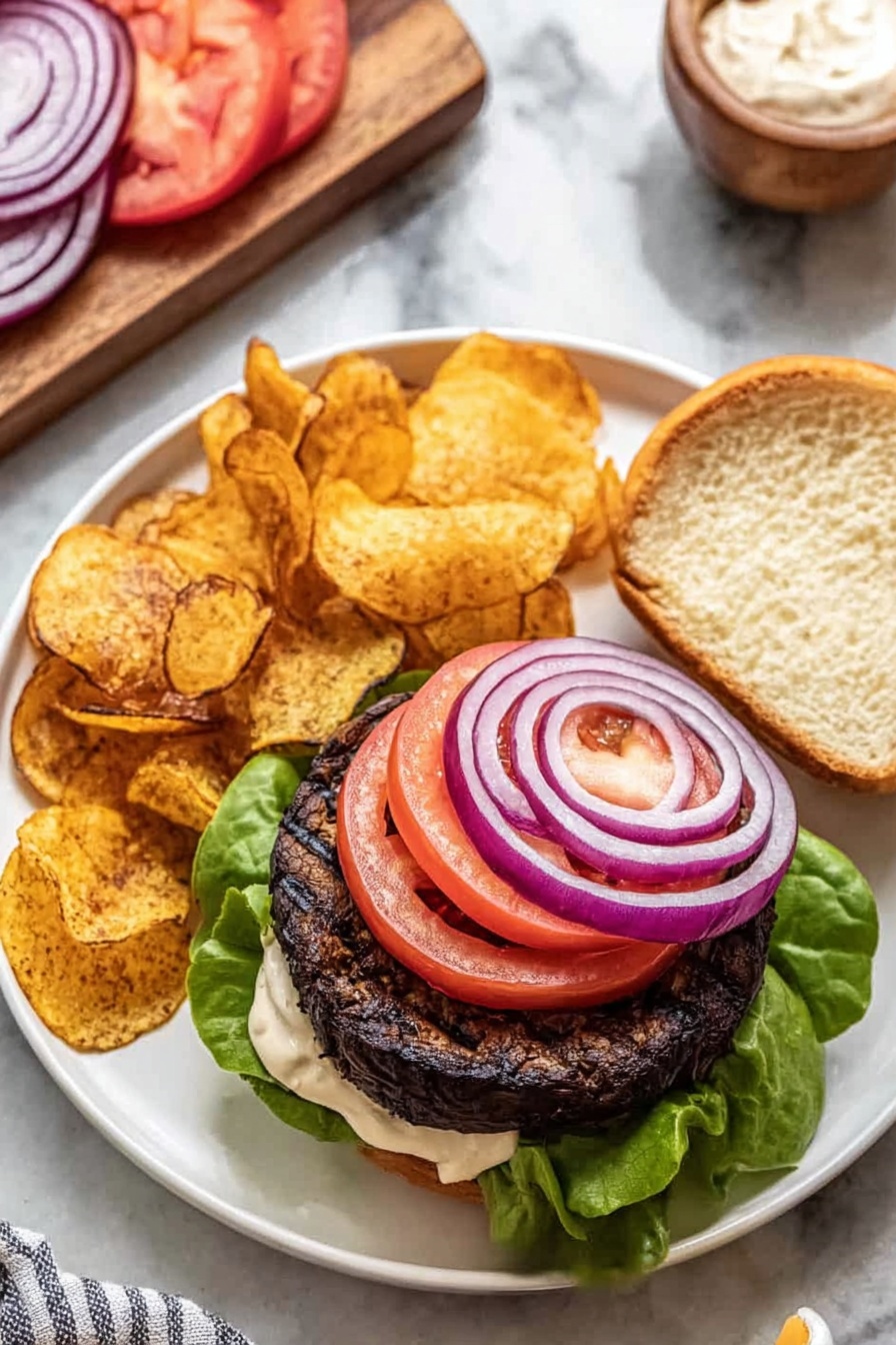 A close-up view of a sandwich held by a woman's hand, made with a soft golden top bun. Inside, from bottom to top, there is a layer of fresh green leafy arugula, a juicy dark brown grilled patty topped with melted light yellow cheese, a slice of ripe red tomato, thick rings of purple onion, and sliced green pickles. Creamy orange sauce drips slightly down from the top bun. The background is dark and blurred, with the sandwich as the clear focus. photo taken with an iphone --ar 2:3 --v 7