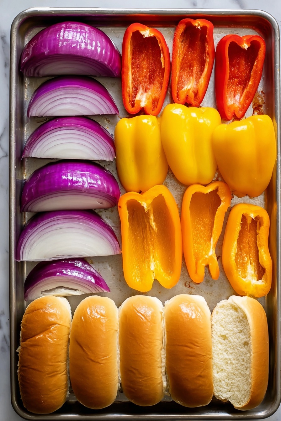 A grilled sausage placed inside a soft, light brown bun serves as the base layer. On top, there are sautéed red and yellow bell pepper strips mixed with slightly charred onion slices, adding a mix of orange, red, and white colors with a shiny texture. A thin drizzle of white sauce flows over the peppers and sausage, with small fresh green basil leaves scattered around. Beside the sandwich, there are several pieces of grilled potato wedges with a crispy, speckled brown surface. The whole dish is placed on white crumpled parchment paper inside a silver wire basket, set on a white marbled surface with a soft gray cloth partially visible underneath. Photo taken with an iphone --ar 2:3 --v 7