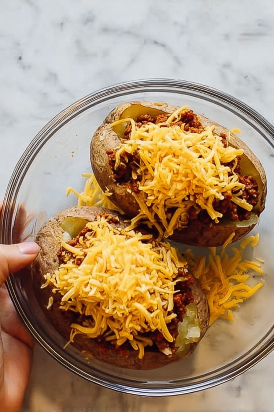 A large baked potato with a rough, golden-brown skin sits open on a white plate, revealing the inside topped with a mix of browned ground meat, peas, and small bright orange carrot pieces. The filling is covered with melted bright yellow cheddar cheese that spreads over the edges. The plate rests on a white marbled surface with some fresh green lettuce and red cherry tomatoes on the side, and a silver fork lies next to it. In the blurred background, there is a clear dish holding another baked potato with similar cheese topping. Photo taken with an iphone --ar 2:3 --v 7