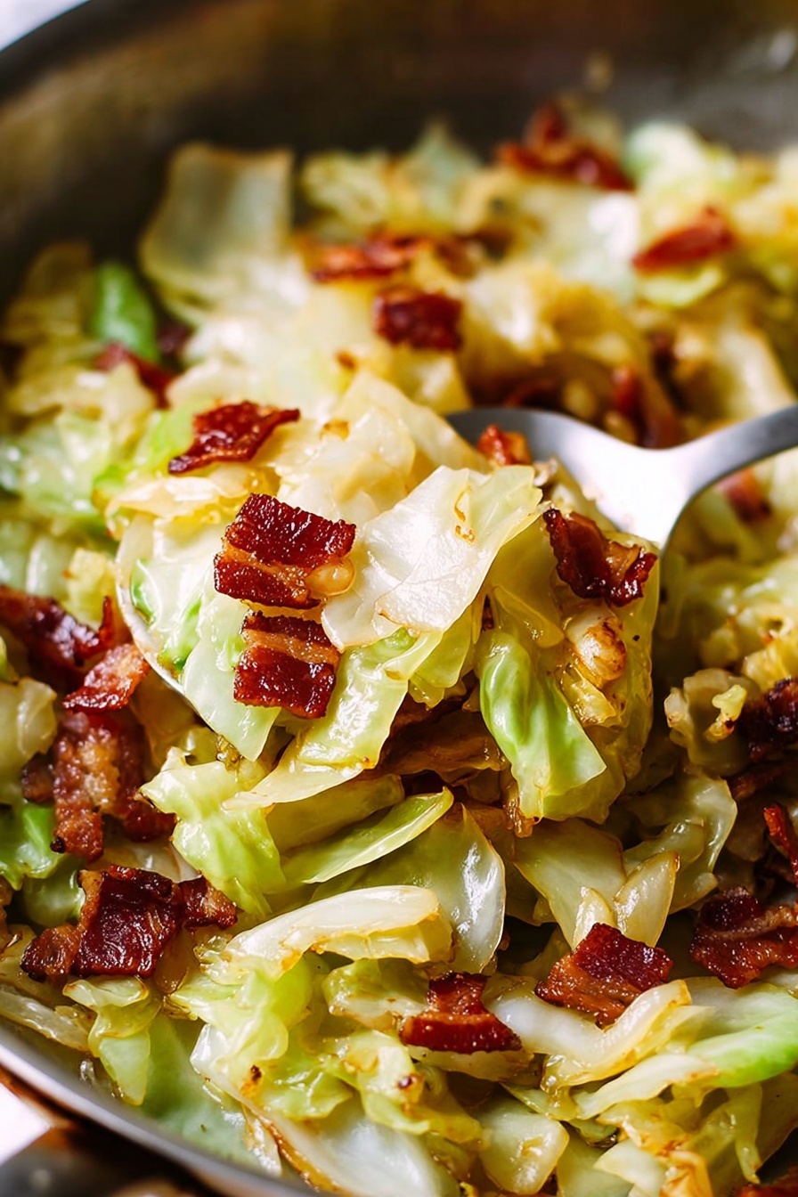 A round silver pan filled with cooked cabbage leaves that are light yellow and soft, with some brown spots showing they are cooked well, forming the bottom layer. On top of the cabbage, there is a pile of small, crispy, reddish-brown bacon pieces in the center. Metal tongs with black tips rest inside the pan, touching the cabbage and bacon, with one side slightly stained with the cabbage color. The whole pan is placed on a white marbled surface. photo taken with an iphone --ar 2:3 --v 7