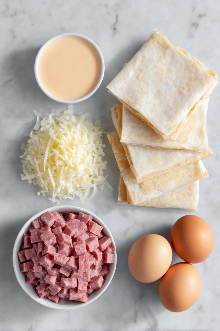 Flat lay of a neat stack of translucent, square egg roll wrappers, a small heap of diced pinkish-red corned beef, a small pile of shredded cream-colored Swiss cheese, a small mound of pale, finely shredded sauerkraut, a few whole smooth brown eggs, and a small white ceramic bowl filled with pale orange Thousand Island dressing, all arranged in perfect symmetry on a clean white marble surface, soft natural light, photo taken with an iPhone, professional food photography style, fresh ingredients, white ceramic bowls, no bottles, no duplicates, no utensils, no packaging --ar 2:3 --v 7 --p m7354615311229779997