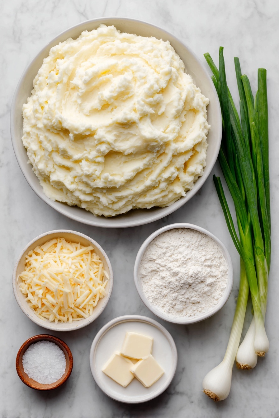 Flat lay of a small mound of cold mashed russet potatoes, a neat pile of grated raw russet potatoes, a small white ceramic bowl filled with all-purpose flour, a small white bowl containing light beige baking soda powder, a small white bowl with coarse salt crystals, a small white bowl holding creamy buttermilk, and a few fresh green scallions with white bulbs arranged neatly beside a small chunk of white cheddar cheese, placed on a clean white marble surface, soft natural light, photo taken with an iPhone, professional food photography style, fresh ingredients, white ceramic bowls, no bottles, no duplicates, no utensils, no packaging --ar 2:3 --v 7 --p m7354615311229779997