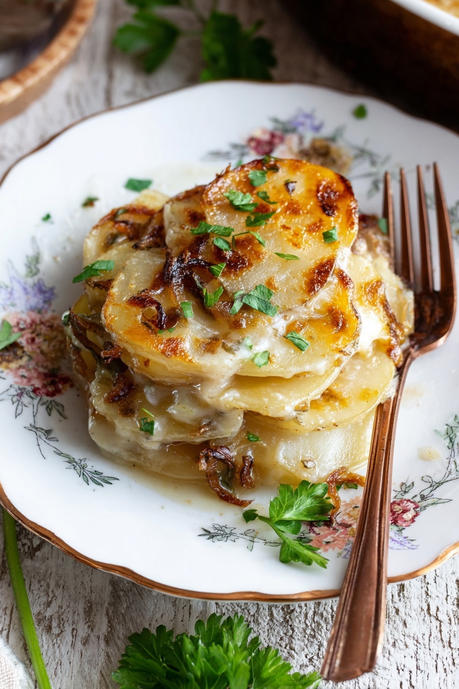 A round black cast iron pan holds one visible layer of thinly sliced potatoes arranged closely to cover the top fully, each slice pale white with light brown edges and sprinkled with coarse salt. Underneath the potato slices, a golden layer of caramelized onions peeks through in a few places, adding depth to the dish. The pan sits on a dark wooden surface that is replaced with white marbled texture in the background. Photo taken with an iphone --ar 2:3 --v 7