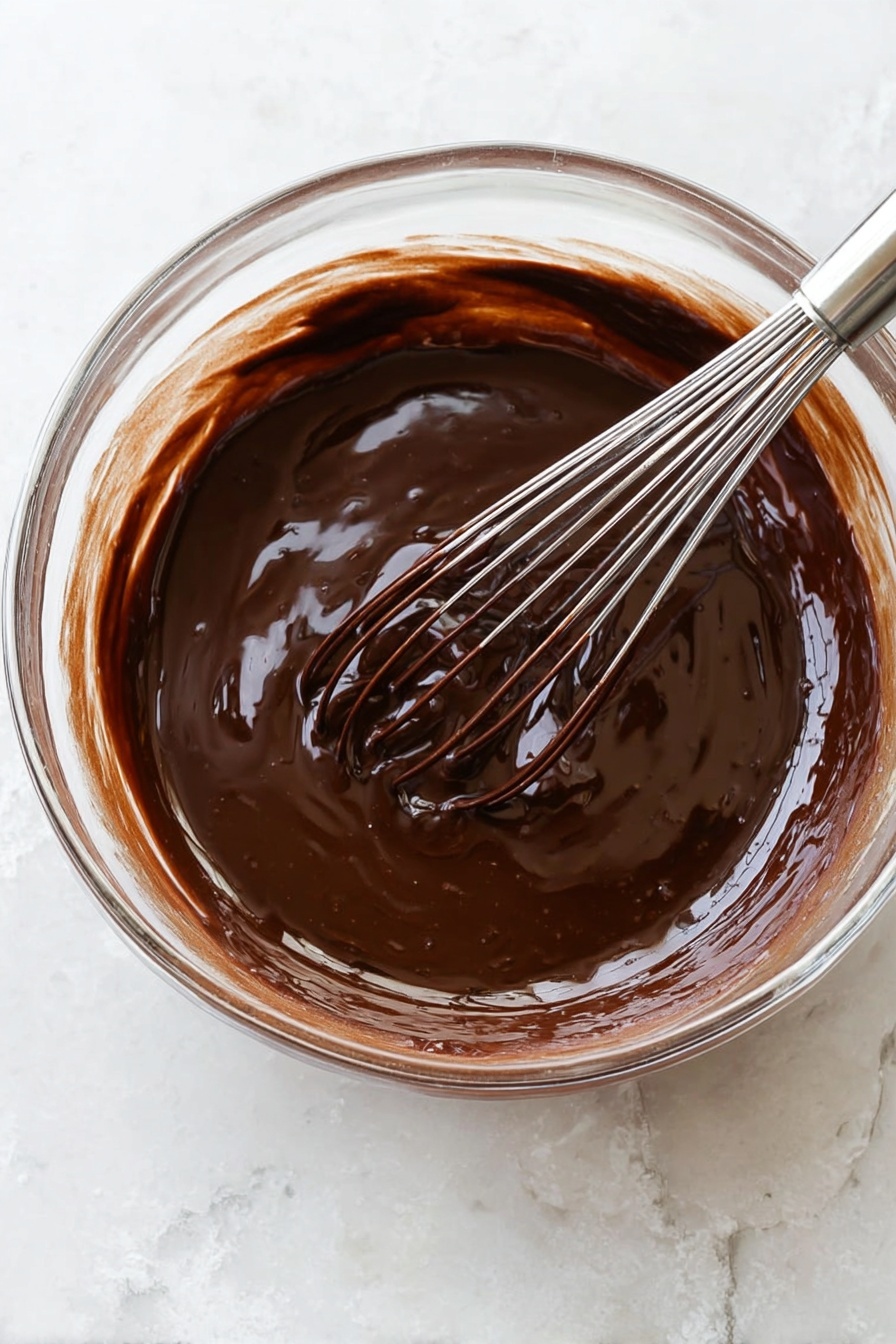 A close-up view of a single square piece of chocolate cake with two layers: the bottom layer is dark, moist, and crumbly, while the top layer is a smooth, thick, milk chocolate frosting. The cake piece sits on a piece of brown parchment paper over a white marbled surface. In the blurry background, there are more stacked cake pieces and a dark bottle with gold lettering. A few shiny, dark chocolate chips and a black bottle cap lie near the cake. photo taken with an iphone --ar 2:3 --v 7