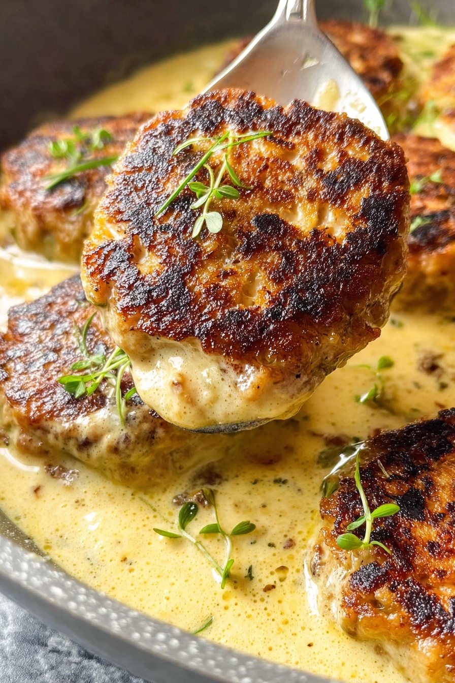 The image shows several golden brown patties with a slightly crispy, dark toasted surface speckled with rough textures, sitting in a creamy, pale yellow sauce that is thick and smooth. The patties have a chunky texture with small bits visible, and fresh small green herb sprigs are scattered on top and within the sauce. A spoon lifts one patty above the others, highlighting its browned top and creamy sides, showing the contrast between the crispy surface and the soft sauce. The dish rests on a pan with a slightly rough gray interior, and the background features a white marbled texture photo taken with an iphone --ar 2:3 --v 7