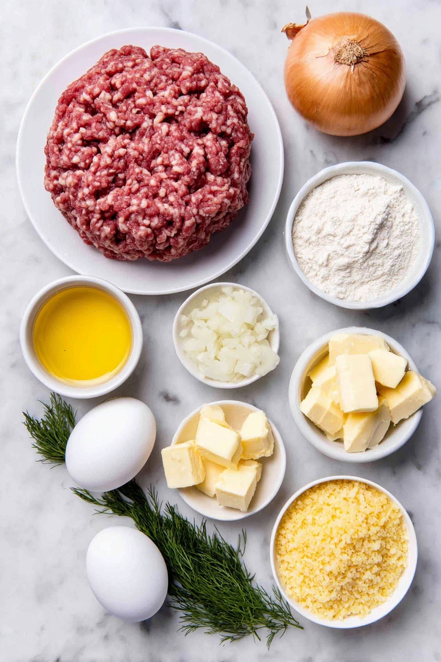 Flat lay of fresh ground beef shaped into a smooth mound, golden breadcrumbs in a small white ceramic bowl, a large onion whole and another finely diced on a white plate, a whole large egg with a clean shell, a small white bowl of heavy cream, a small white bowl of unsalted butter cubes, a peeled garlic clove, a small white bowl of all-purpose flour, a small white bowl filled with low-sodium chicken stock, fresh sprigs of bright green dill scattered delicately, all arranged with perfect symmetry on a clean white marble surface, soft natural light, photo taken with an iPhone, professional food photography style, fresh ingredients, white ceramic bowls, no bottles, no duplicates, no utensils, no packaging --ar 2:3 --v 7 --p m7354615311229779997