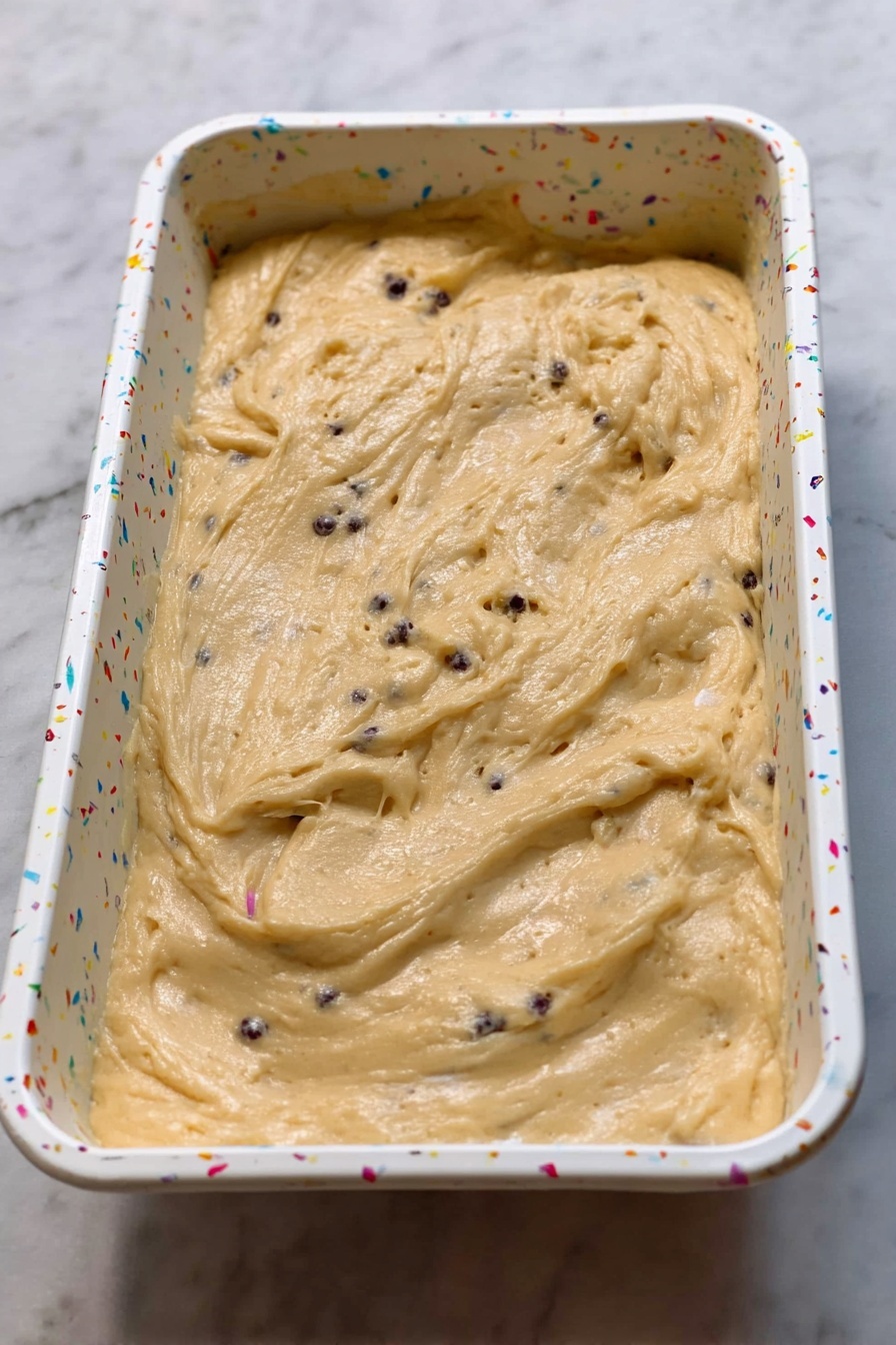 The image shows a loaf of cake placed on a silver tray, topped with a thick layer of smooth orange frosting sprinkled with small dark chocolate chips and small pieces of candied fruit. In front of the tray is a white plate holding one thick slice of the cake, showing a dense texture with bits of chocolate and fruit inside. The slice has a thin layer of the same orange frosting on top, with some chocolate chips along the edge. A silver fork lies beside the slice on the plate. To the left of the tray, there is a whole yellow banana and a white bowl filled with candied fruit. A white cloth with blue stripes is used as the base, which itself is set on a white marbled surface. Photo taken with an iphone --ar 2:3 --v 7