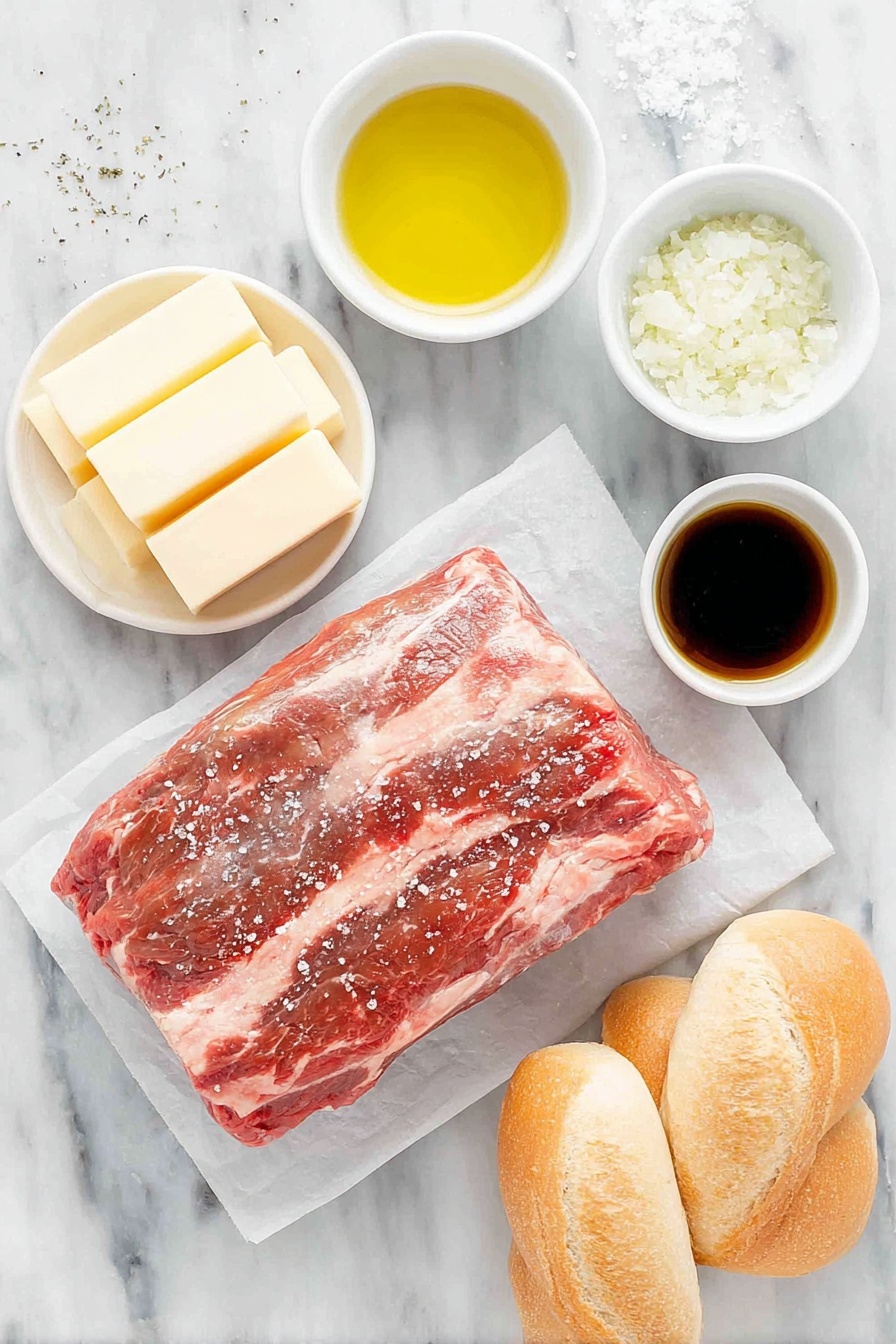 Flat lay of a whole raw beef chuck roast seasoned with kosher salt and freshly ground black pepper, two small white bowls—one filled with golden olive oil and the other with dry onion soup mix, two white ceramic bowls containing clear water and rich dark beef broth, several slices of pale yellow Swiss cheese neatly stacked, and a few rustic ciabatta rolls with crusty golden-brown exteriors, all arranged with perfect symmetry on a clean white marble surface, soft natural light, photo taken with an iPhone, professional food photography style, fresh ingredients, white ceramic bowls, no bottles, no duplicates, no utensils, no packaging --ar 2:3 --v 7 --p m7354615311229779997