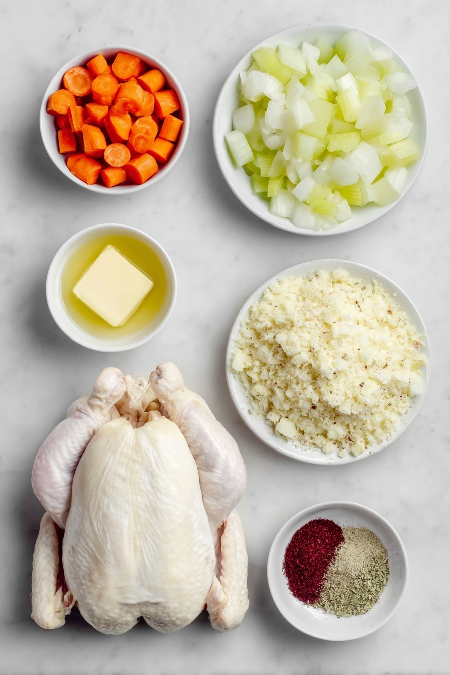 Flat lay of two medium diced carrots, one small diced yellow onion, two medium diced celery ribs, a whole raw chicken with clean skin, a small white bowl of melted salted butter, a small white bowl of poultry seasoning powder, a small white bowl of paprika powder, an unopened box of stove top stuffing removed and displayed as loose dried stuffing mix on a simple white ceramic plate, arranged in perfect symmetry and balanced proportions, placed on a clean white marble surface, soft natural light, photo taken with an iPhone, professional food photography style, fresh ingredients, white ceramic bowls, no bottles, no duplicates, no utensils, no packaging --ar 2:3 --v 7 --p m7354615311229779997