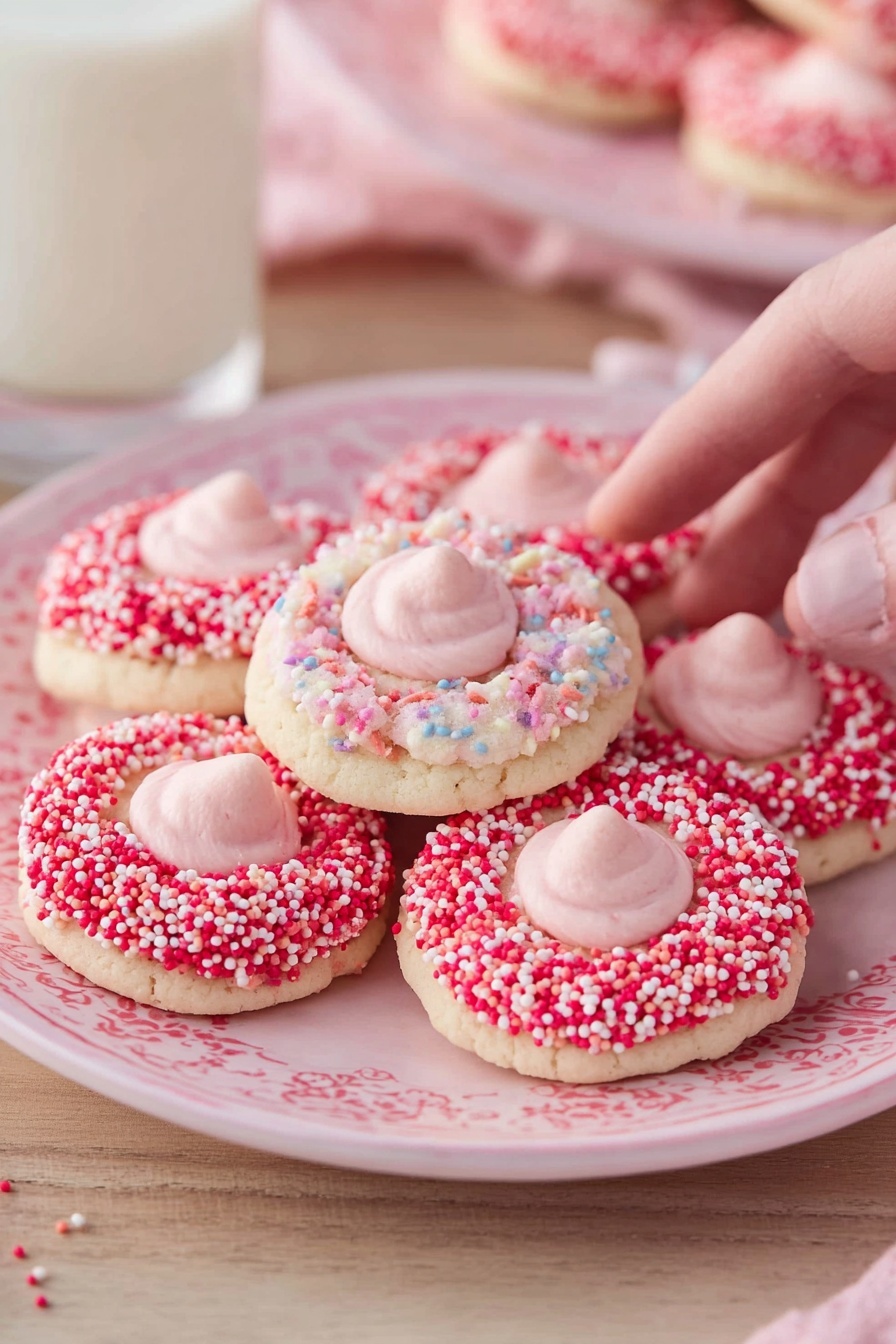 A pink patterned white plate holds two types of round cookies stacked together. One type has a white base layer with small colorful sprinkles mixed inside the dough and a dollop of smooth, light pink frosting in the center. The other type has a white base layer covered in red, pink, and white round sprinkles around the edges with the same pink frosting dollop in the center. The cookies sit on a wooden surface, and a woman's hand is about to pick one from the plate. Nearby, more cookies and a glass of milk are visible. photo taken with an iphone --ar 2:3 --v 7
