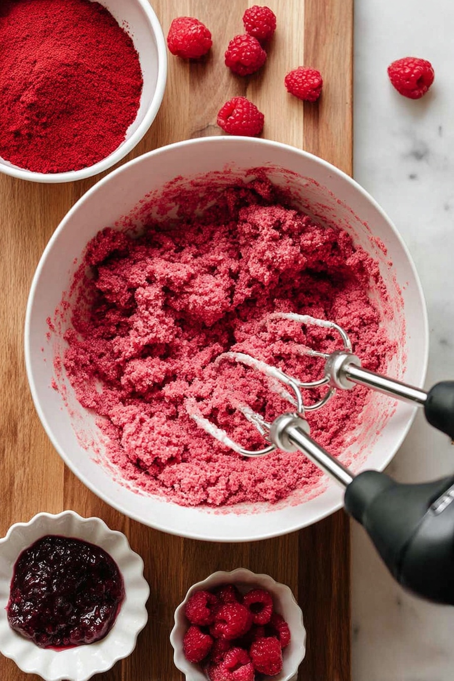 A white round plate filled with two layers of round raspberry cookies, each cookie is purple with a shiny red jam heart shape in the center. Around the plate on the wood textured table, some more cookies are placed. There is a bowl of fresh red raspberries in white bowl with a scalloped edge and red trim at the bottom of the image, and two smaller white bowls at the top right, one filled with bright red powder and the other with thick red jam and a wooden spoon inside. All items rest partly on a red cloth with white shapes, and the surface behind everything has a white marbled texture. photo taken with an iphone --ar 2:3 --v 7