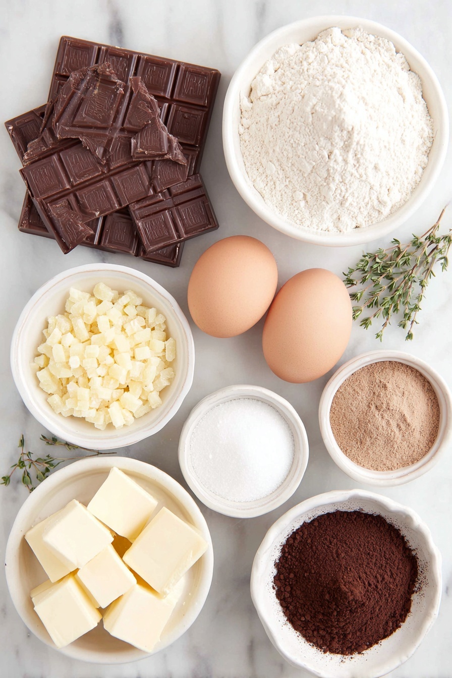 Flat lay of a small heap of semisweet chocolate squares, a small heap of milk chocolate squares, a small pile of coarsely chopped golden homemade toffee chunks, a small mound of all-purpose flour, a small mound of black cocoa powder, a small pile of light brown sugar, a small pile of granulated sugar, one large whole egg with clean shell, a few sprigs of vanilla beans with one vanilla pod, a small pile of espresso powder, six small cubes of unsalted butter — all arranged symmetrically in simple white ceramic bowls and directly on the surface as appropriate, placed on a clean white marble surface, soft natural light, photo taken with an iPhone, professional food photography style, fresh ingredients, white ceramic bowls, no bottles, no duplicates, no utensils, no packaging --ar 2:3 --v 7 --p m7354615311229779997