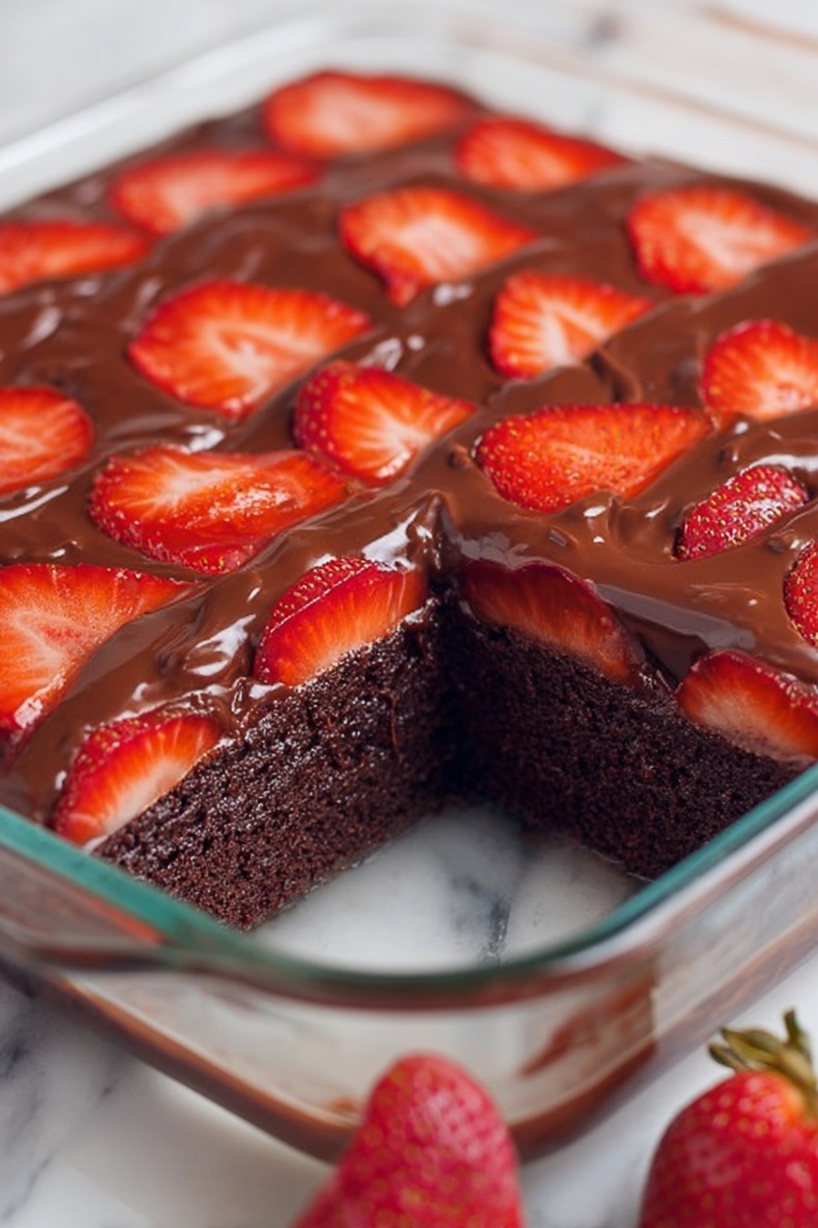 This image shows a dessert in a clear glass square dish with three visible layers. The bottom layer is a dark brown, soft chocolate cake. Above this lies a middle layer of whole bright red strawberries sliced in half, arranged evenly to form a ring around the edge. The top layer is a thick, shiny, smooth dark chocolate ganache spreading across the strawberries and cake, with a glossy finish showing slight ripples. The dish is placed on a white marbled surface with a strawberry nearby. Photo taken with an iphone --ar 2:3 --v 7