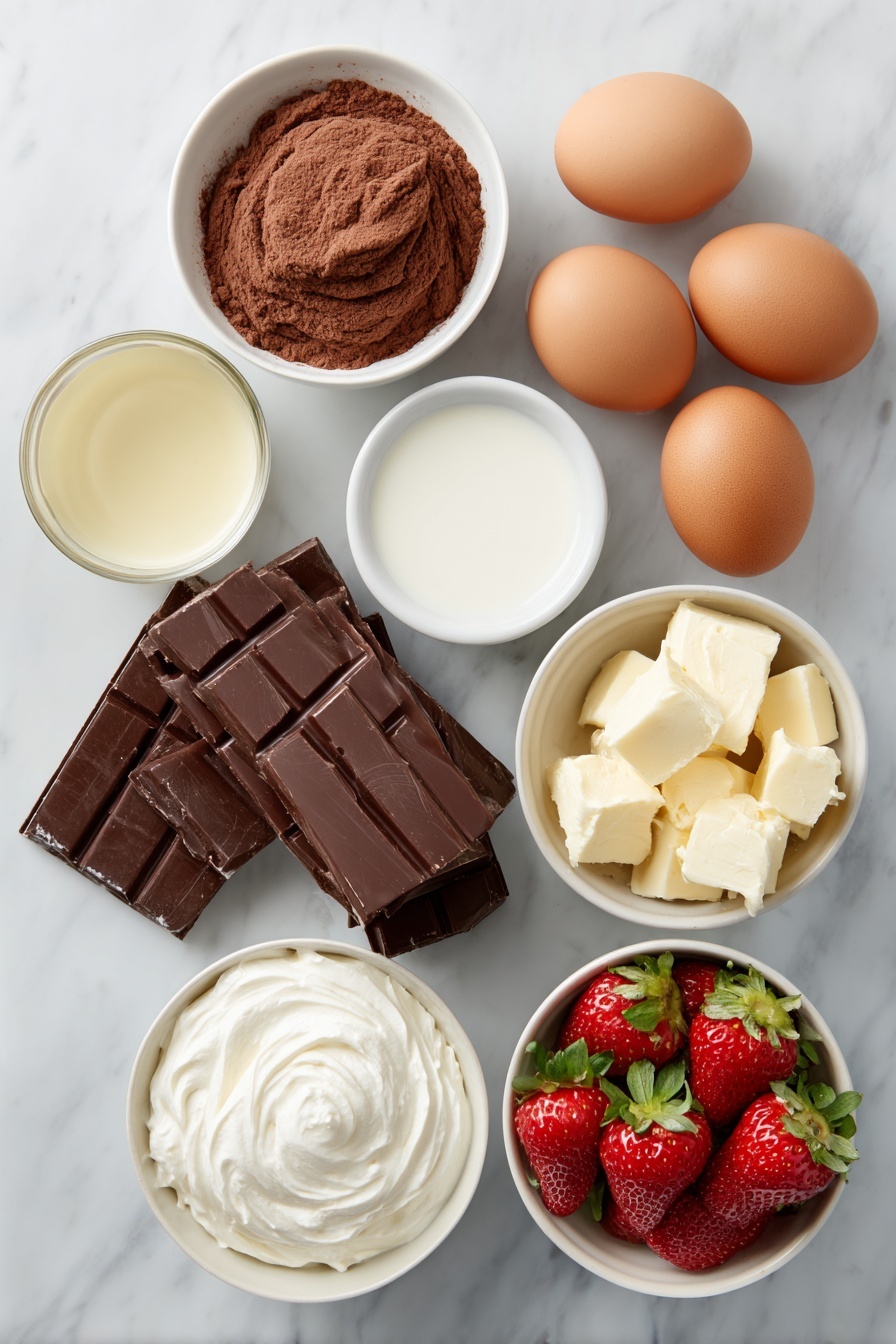 Flat lay of a small bowl of smooth chocolate pudding powder, a small bowl of whole milk, a small bowl of clear vegetable oil, two large brown eggs with clean shells, a small bowl of heavy whipping cream, a small bowl of salted butter cubes, a few fresh strawberries halved with green leaves intact, three thick bars of semi-sweet baking chocolate, all arranged symmetrically on simple white ceramic bowls and plates, placed on a clean white marble surface, soft natural light, photo taken with an iPhone, professional food photography style, fresh ingredients, white ceramic bowls, no bottles, no duplicates, no utensils, no packaging --ar 2:3 --v 7 --p m7354615311229779997