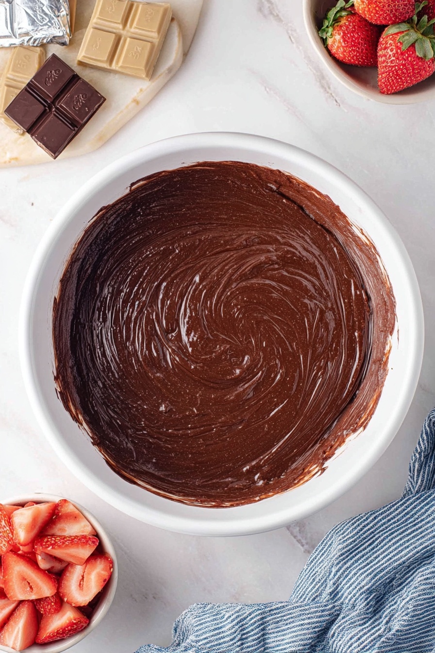 A square dessert with three layers sits on a white plate: the bottom layer is dark brown and looks soft and moist like a chocolate cake, the middle layer is smooth chocolate with sliced strawberries inside that show bright red and pale pink colors, and the top layer is a shiny dark chocolate glaze. On top of the dessert, a half strawberry with a vibrant red color and green leaves is placed. Next to the dessert on the plate are two whole strawberries with green leaves. In the background, there is a white bowl filled with whole and halved strawberries, all set on a white marbled surface. photo taken with an iphone --ar 2:3 --v 7