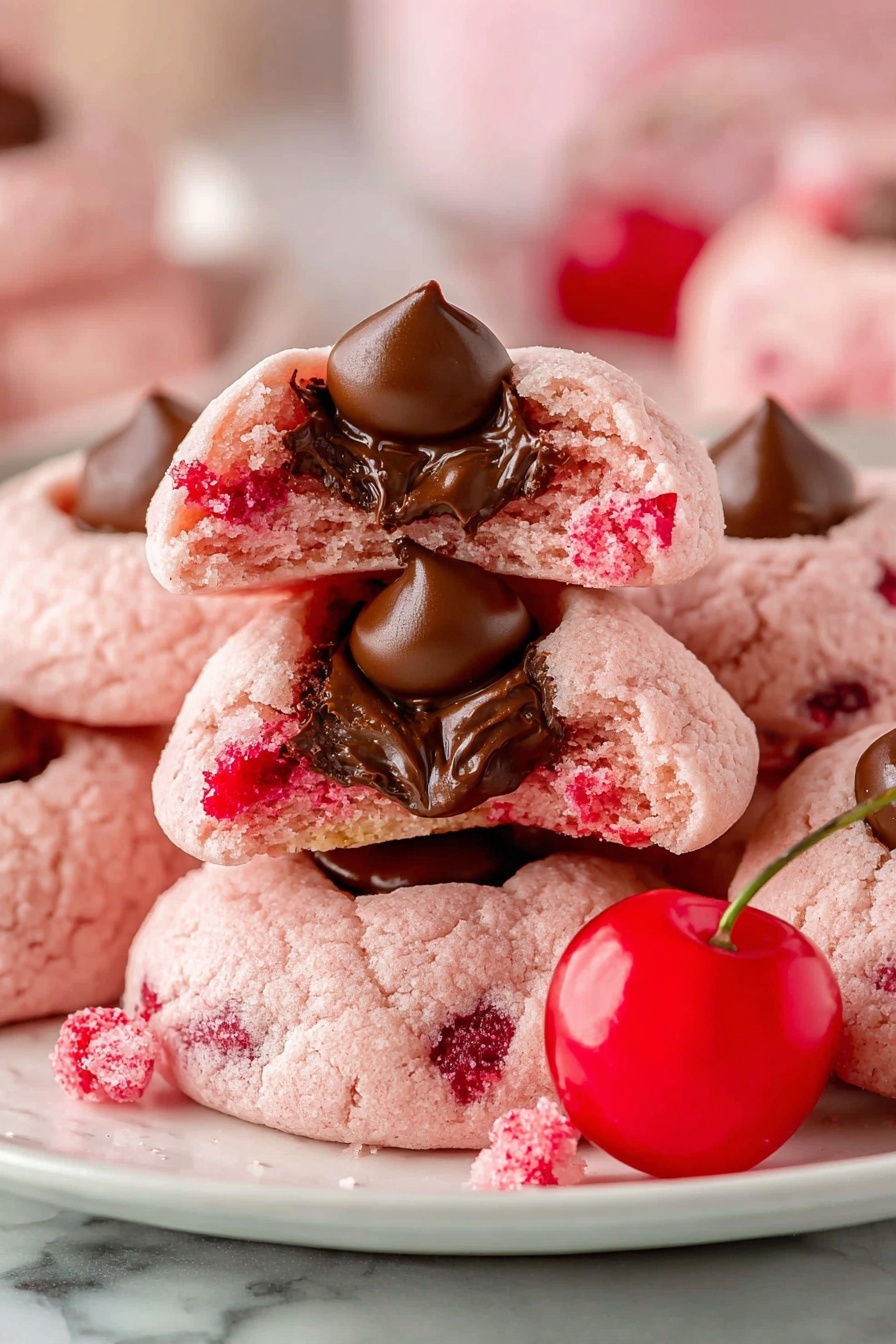 A clear glass bowl sits on a white marbled surface, containing a thick beige dough with bright red chopped cherries piled in the center on top. Near the bowl, a white cup filled with whole red cherries is placed on the bottom left, with some scattered cherries around it. Silver-wrapped chocolate kisses are scattered in the top left corner, and a green and white checkered cloth lies folded partially under the bowl on the right side. Photo taken with an iphone --ar 2:3 --v 7