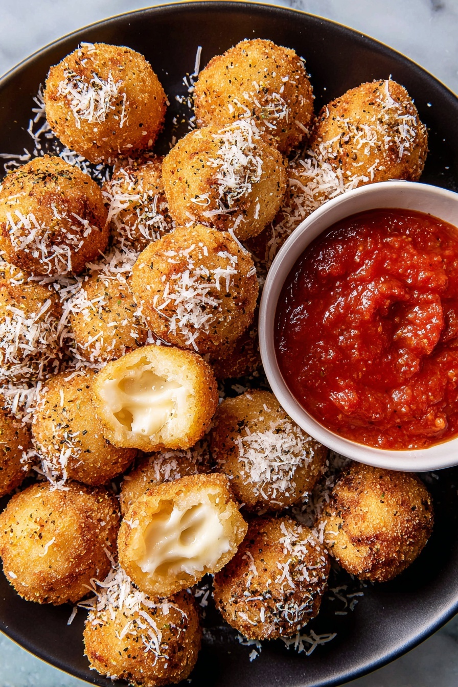 A black plate holds many small golden brown fried balls sprinkled with white shredded cheese and some black pepper on top. Two of the balls are broken open to show a creamy white inside. A small white bowl near the top center of the plate is filled with chunky red tomato sauce, with a few pieces of shredded cheese on its surface. The plate sits on a white marbled surface. photo taken with an iphone --ar 2:3 --v 7
