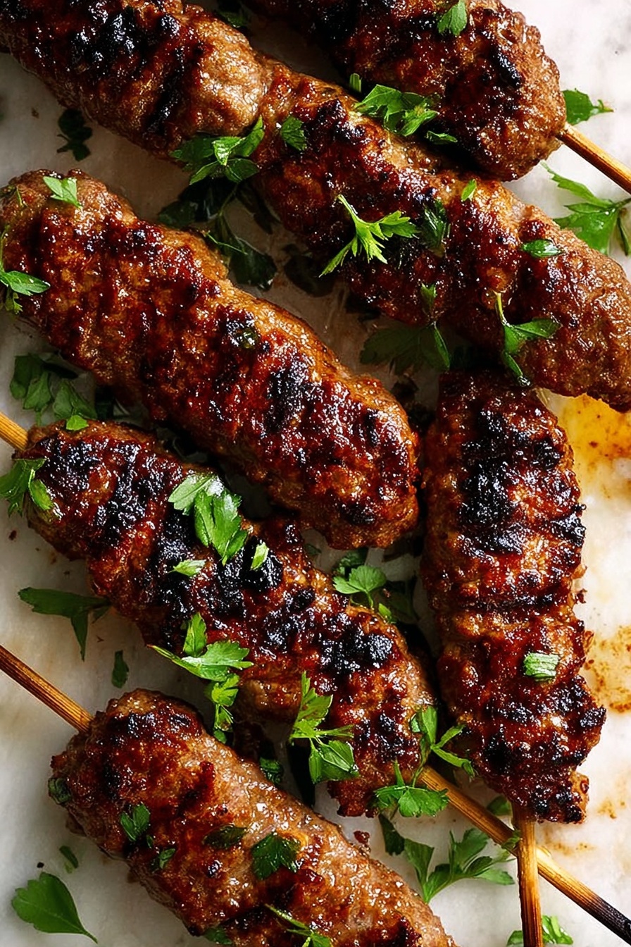 Several grilled meat skewers with a rich brown color and char marks are arranged closely together on a white marbled surface. The meat looks juicy with a slightly shiny glaze. Fresh green herb leaves are scattered among the skewers, adding contrast and a fresh touch. Each skewer shows texture from the grilling, with some darker burnt spots. photo taken with an iphone --ar 2:3 --v 7