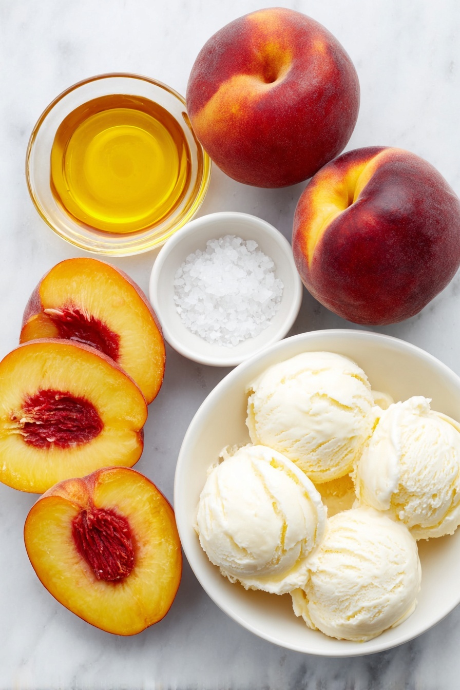 Flat lay of two ripe peaches halved showing juicy flesh and pits, two ripe nectarines halved with vibrant orange-red skin and juicy interior, a small white ceramic bowl filled with clear golden canola oil, eight large scoops of creamy vanilla ice cream arranged neatly on a simple white ceramic plate, a small white ceramic bowl holding rich amber honey, a small white ceramic bowl with flaky sea salt crystals, all ingredients fresh and natural, perfectly balanced and symmetrical, placed on a clean white marble surface, soft natural light, photo taken with an iPhone, professional food photography style, fresh ingredients, white ceramic bowls, no bottles, no duplicates, no utensils, no packaging --ar 2:3 --v 7 --p m7354615311229779997