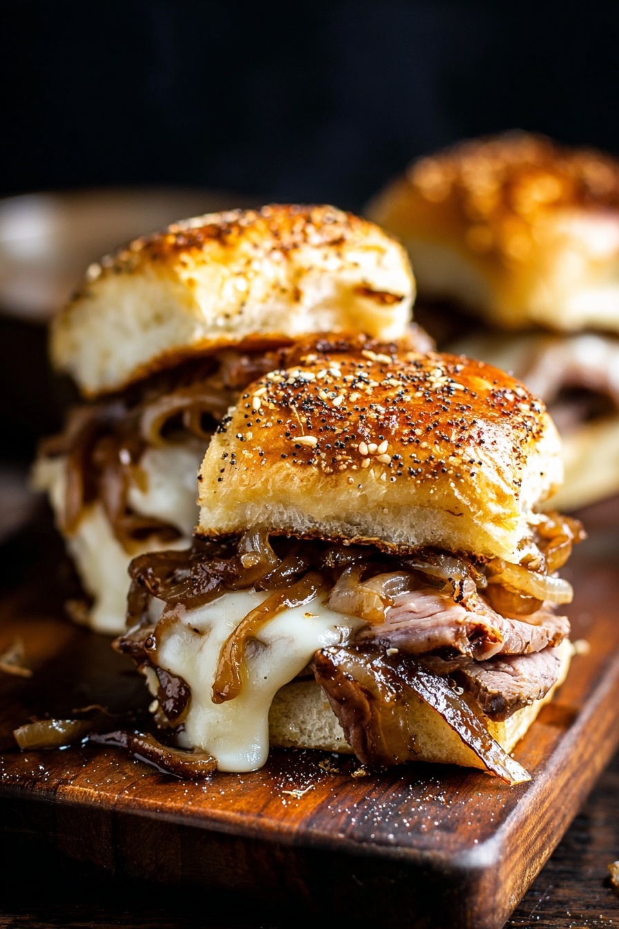 Two toasted sandwich buns with a golden brown color and sprinkled with sesame seeds and seasoning sit stacked on a dark wooden board. The bottom bun holds a layer of melted cheese that drapes over the edges, topped with caramelized onions and slices of cooked meat peeking out from under the cheese. The top bun rests slightly off-center on the filling, showing more melted cheese and caramelized onions oozing from the sides. The background is dark, and the board contrasts with the textures of soft buns, shiny melted cheese, and juicy meat and onions. Photo taken with an iphone --ar 2:3 --v 7