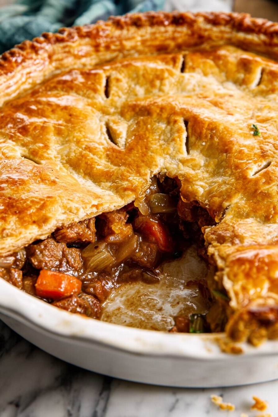 The image shows a large round pie with a golden brown, flaky top crust that has a slightly shiny, textured surface with small slits for steam. The pie is in a white ceramic dish with a small portion cut out from the front, revealing thick layers inside: chunks of brown meat mixed with pieces of orange carrots and soft cooked onions, all coated in a rich brown gravy. The pie crust edges are crumbled and some crumbs are scattered around the dish. The background is a white marbled surface. photo taken with an iphone --ar 2:3 --v 7