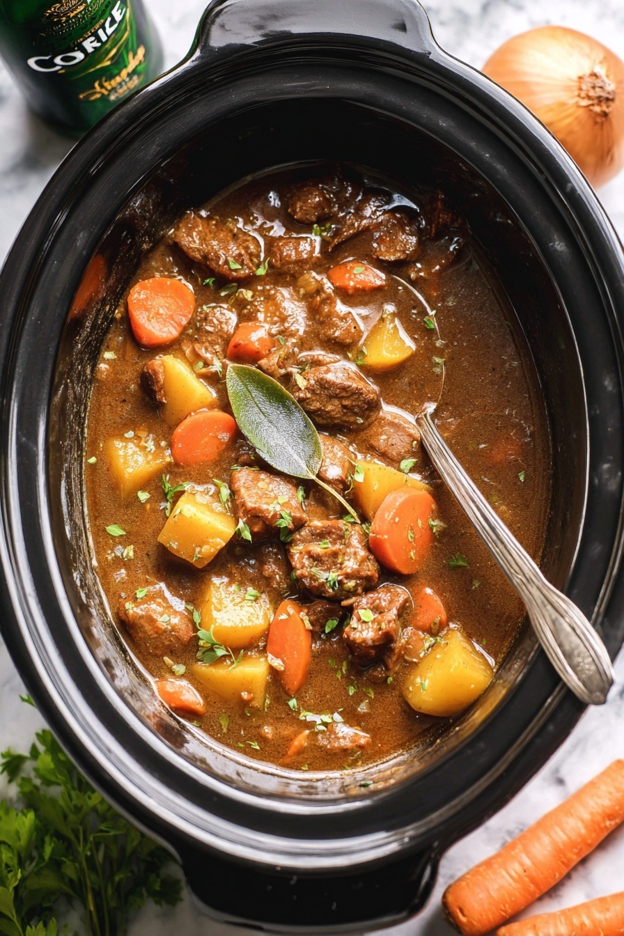 A slow cooker filled with a thick stew that has three layers: the bottom is a rich brown sauce with a smooth, slightly shiny texture; the middle layer contains chunks of orange carrot slices scattered around; the top layer shows tender pieces of browned meat and chunks of yellow potato, with sprigs of fresh green herbs and dark bay leaves mixed in. A silver spoon rests inside the stew on the right side. The cooker sits on a white marbled surface, next to a whole onion, two bright orange carrots, some green herbs, and a dark bottle of Guinness beer with a white label. Photo taken with an iphone --ar 2:3 --v 7