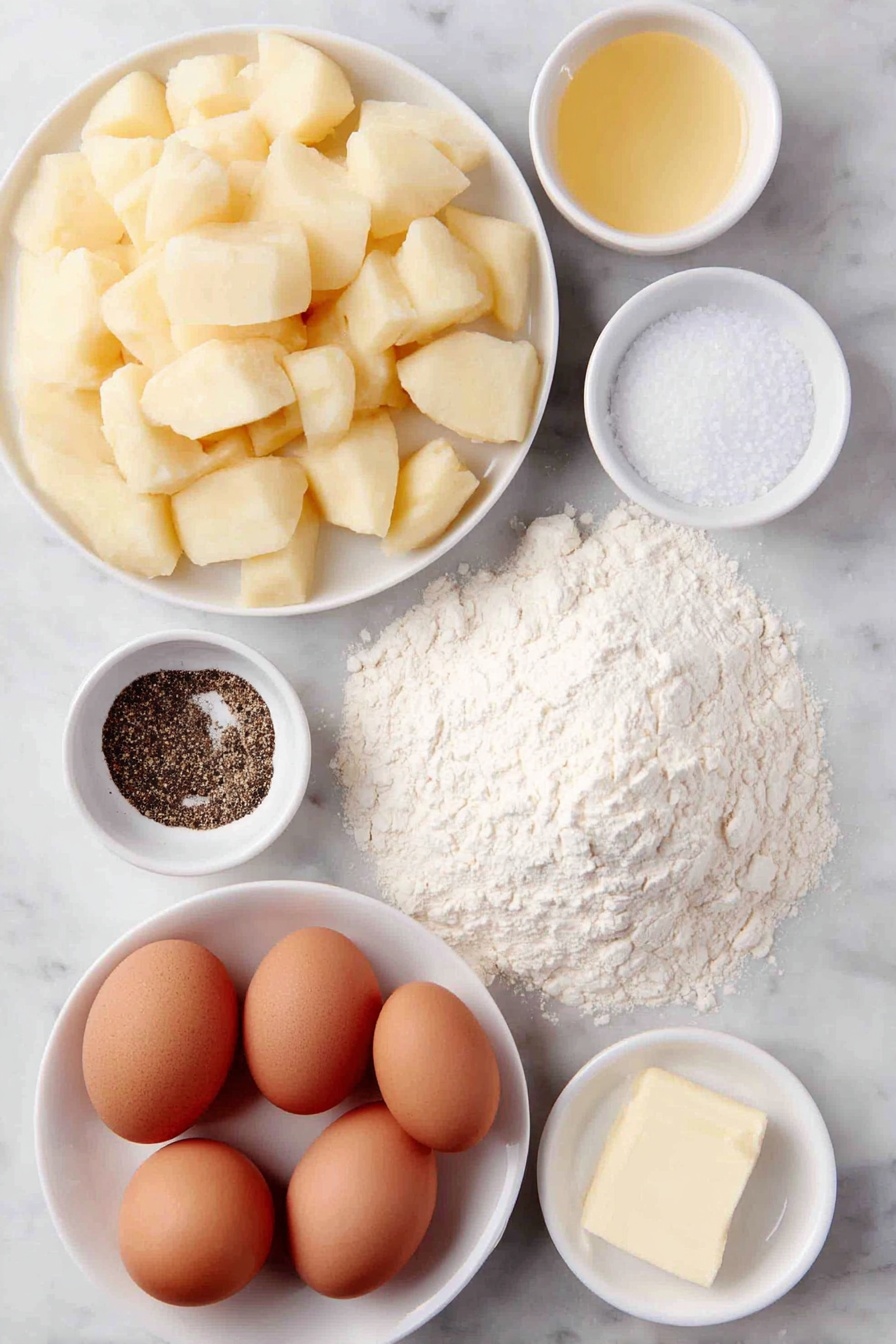 Flat lay of peeled Yukon gold potatoes cut into chunks, a small mound of all-purpose flour on a simple white ceramic plate, a few whole uncracked brown eggs with clean shells, a small white ceramic bowl filled with softened golden butter, a small white ceramic bowl containing freshly ground black pepper, and a small white ceramic bowl with coarse salt crystals, all arranged with perfect symmetry and balanced proportions, placed on a clean white marble surface, soft natural light, photo taken with an iPhone, professional food photography style, fresh ingredients, white ceramic bowls, no bottles, no duplicates, no utensils, no packaging --ar 2:3 --v 7 --p m7354615311229779997