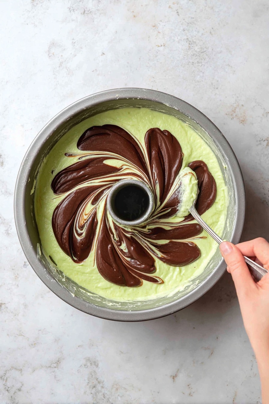 A single slice of bright green cake sits on a white plate, showing a soft and spongy texture. The cake has one thick layer, covered with a dark chocolate frosting that is rough and creamy. Small pieces of chopped nuts are sprinkled on the sides of the frosting, adding a crunch texture and light brown color contrast. The plate rests on a white marbled surface, and a silver fork is placed next to the cake slice. Blurred light brown nuts are scattered in the background, giving a simple and clean look. Photo taken with an iphone --ar 2:3 --v 7