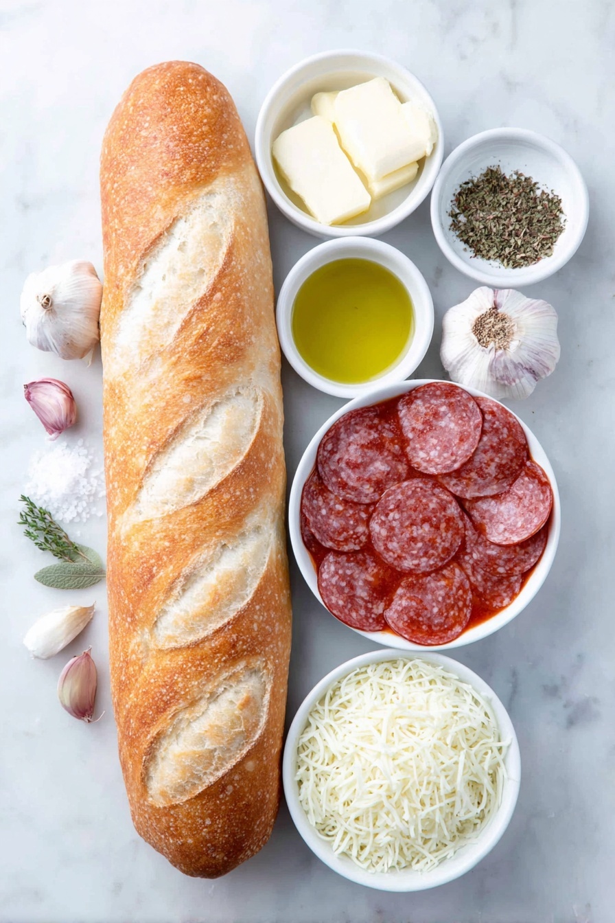 Flat lay of a whole loaf of fresh French bread, a small white ceramic bowl of golden olive oil, a small white ceramic bowl of pale yellow butter, three uncracked cloves of fresh garlic, a few dried oregano leaves scattered naturally, a small white ceramic bowl with fine white salt, a small white ceramic bowl filled with grated Parmesan cheese, a small white ceramic bowl with vibrant red pizza sauce, a small white ceramic bowl overflowing with shredded mozzarella cheese, and a neat stack of bright red pepperoni slices, all arranged in perfect symmetry on a clean white marble surface, soft natural light, photo taken with an iPhone, professional food photography style, fresh ingredients, white ceramic bowls, no bottles, no duplicates, no utensils, no packaging --ar 2:3 --v 7 --p m7354615311229779997